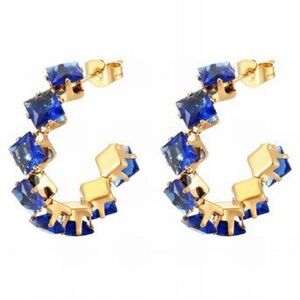 Blue and Gold Hoop Earrings with Textured Design 18k Gold Plated